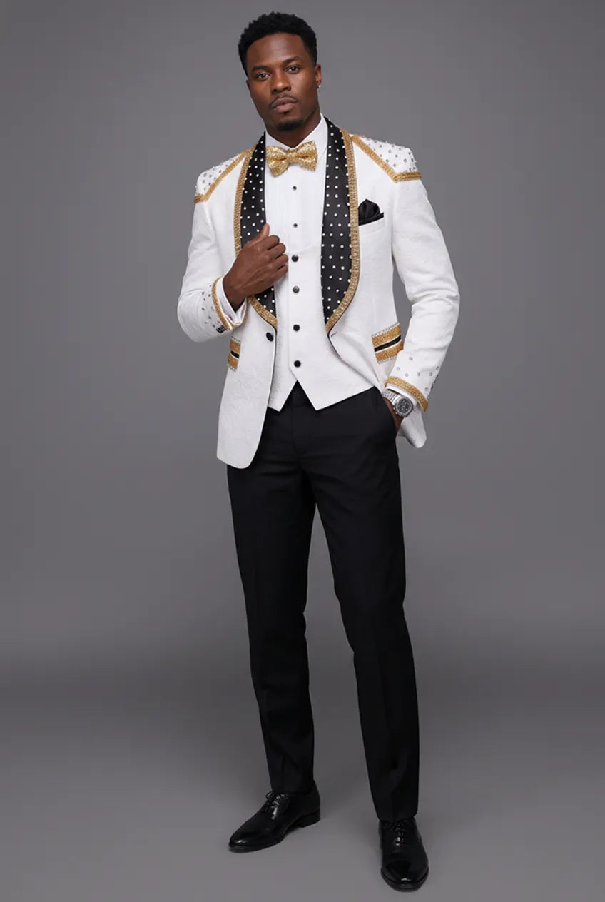 Platinum Imperial - White Gold Rose Jacquard Shawl 3-Piece Tuxedo