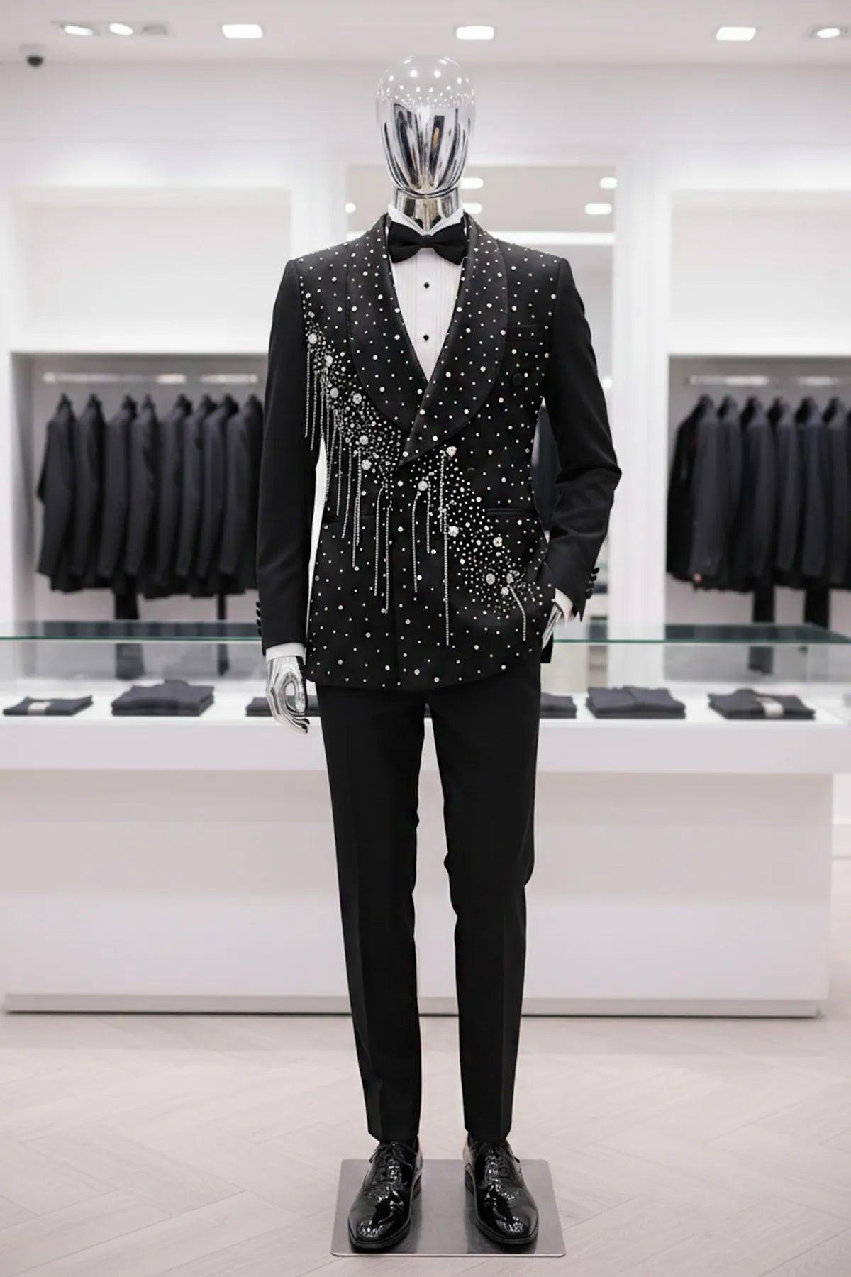 The Midnight Cascade - Black Crystal Fringe Tuxedo Set