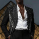 Model wearing The Midnight Cascade black tuxedo with hanging crystal fringe for red carpet - Nevo Suits