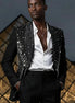 Model wearing The Midnight Cascade black tuxedo with hanging crystal fringe for red carpet - Nevo Suits