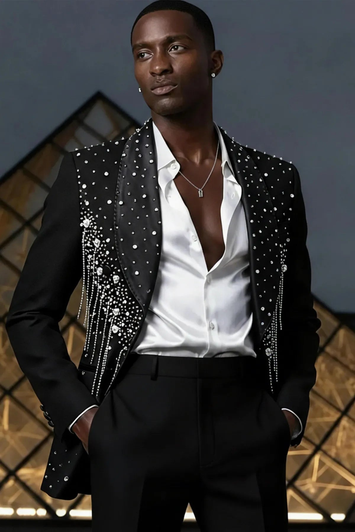 Model wearing The Midnight Cascade black tuxedo with hanging crystal fringe for red carpet - Nevo Suits