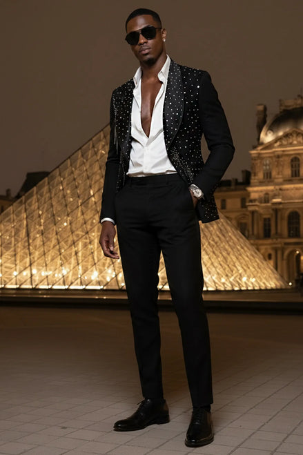 The Midnight Cascade - Black Crystal Fringe Tuxedo Set