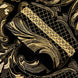 Close up of gold scroll embroidery detail on black velvet jacket