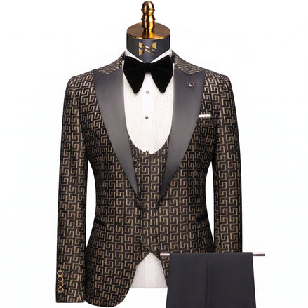 Sable Pantheon - Black Gold Geometric Peak Lapel 3-Piece Tuxedo
