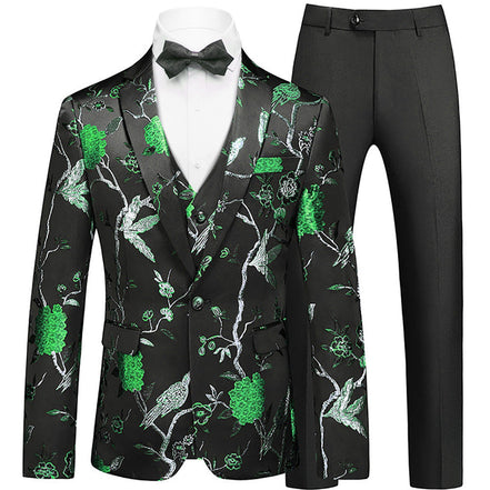 Men's 3-Piece Forest Green Tuxedo Embroided Bird and Flower