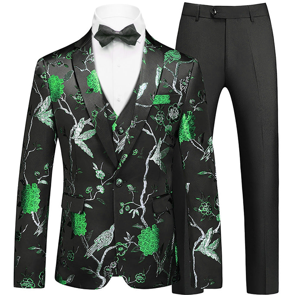 Men's 3-Piece Forest Green Tuxedo Embroided Bird and Flower