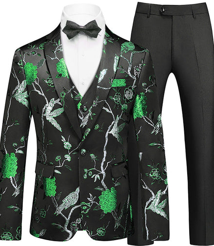Men's 2-Piece Forest Green Tuxedo Embroided Bird and Flower