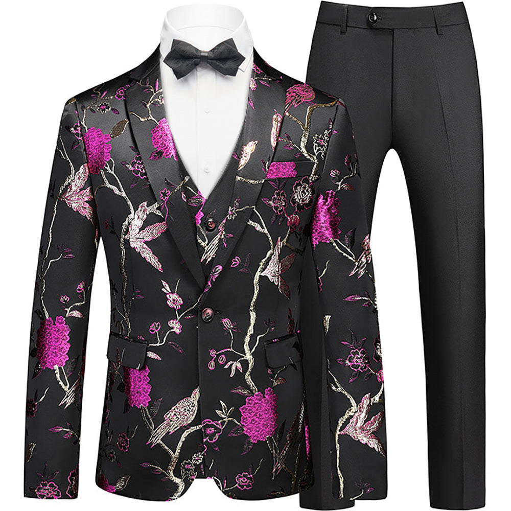 Men's 3-Piece Golden Magenta Birdsong Forest Embroidery Suit
